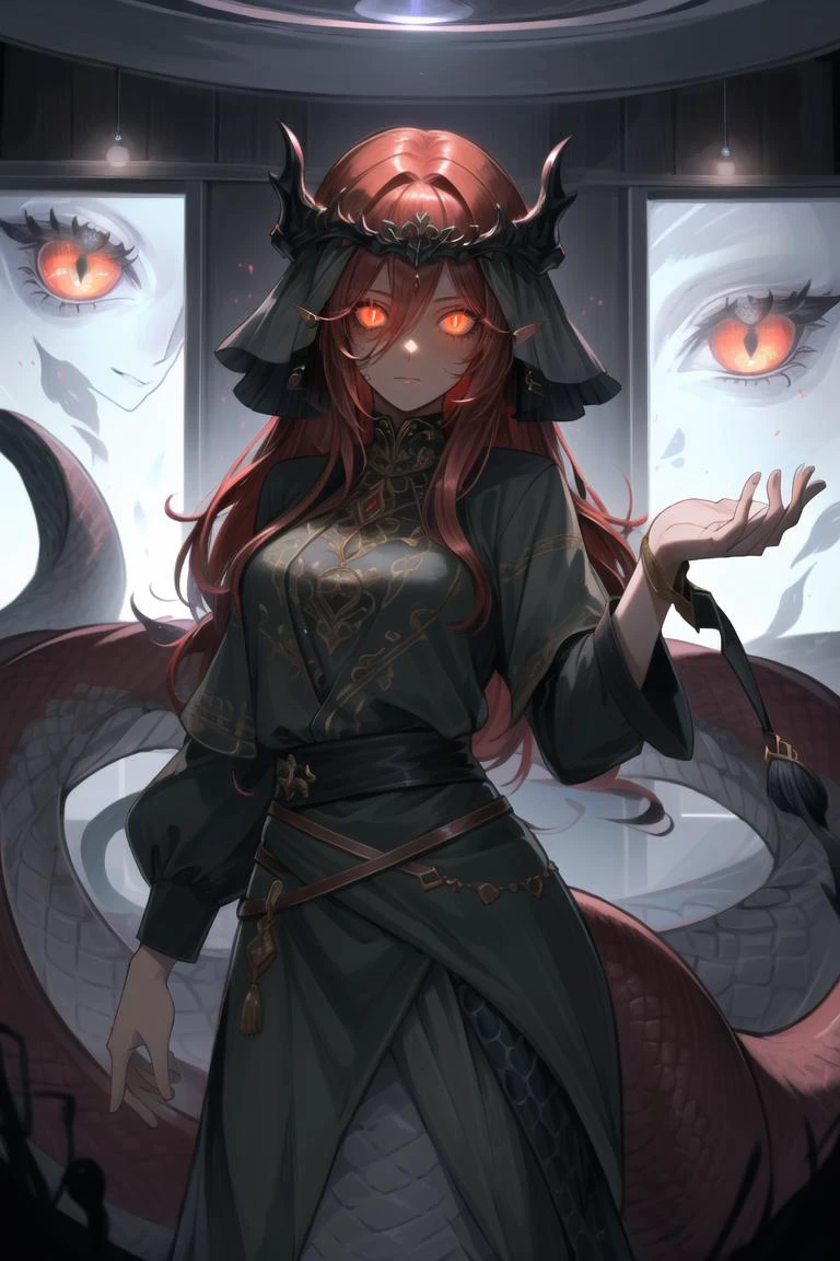 ((best quality)), ((highly detailed)), masterpiece, extremely detailed face, beautiful face, (detailed eyes, deep eyes), (1girl), cowboy shot, (lamia), scales, tail, merged at waist, standing, (red hair), snake eyes, (inside, in a casino), insanevoid, glowing, (glowing eyes), ((extra eyes)), horror \(theme\)
