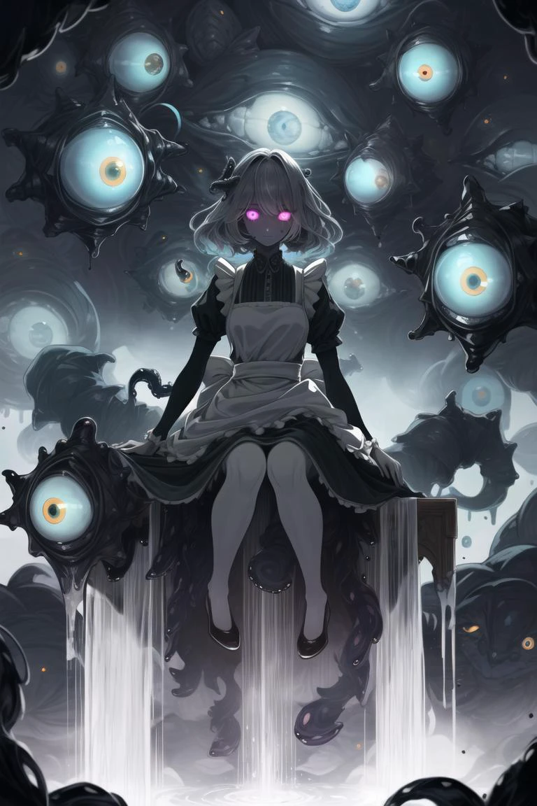 ((best quality)), ((highly detailed)), masterpiece, detailed face, beautiful face, (detailed eyes, deep eyes), (1girl), full body, (((shoggoth))), maid, body horror, (tentacles), ((extra eyes)), spiral eyes, @.@, glowing eyes, Cosmic latte colored eyes, (colored skin), (dark_grey colored skin), glowing portal,glowing runes, lovecraftian, insanevoid, glowing, heterochromia, (at a waterfall)