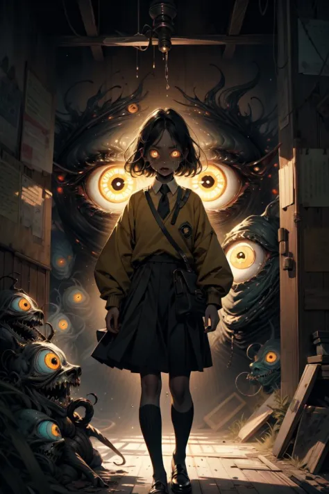 1girl, standing, tears, sweat drips, yellow sweater, black tie, ,  yellow detailed eyes, long black hair, big eyes, (open mouth:0.1), detailed pupils, hdr shadows, dark spirits , horror background, shadow monsters, creepy monsters,, horror \(theme\),insanevoid extra eyes