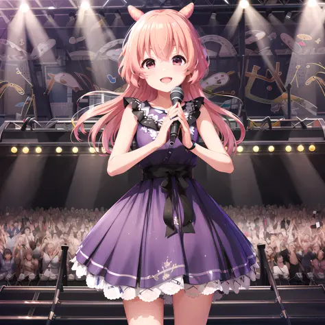 high quality, best quality, masterpiece, absurdres, kokoro akazaki, idol, 1girl, smile, blush,  double_bun, long_hair, solo, stage, singing, holding_microphone