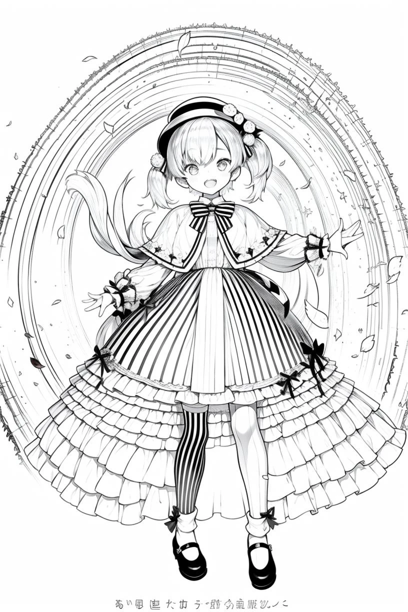 lineart, monochrome,masterpiece, best quality, 1girl, :d, animal,legwear, bow, bowtie, bunny, cape, cherry_blossoms, confetti, gloves, hat, kirima_sharo, looking_at_viewer, mary_janes, monocle, open_mouth, page_number, petals, pinstripe_pattern, shoes, simple_background, smile, striped, striped_bow, striped_legwear, thighhighs, twintails, vertical-striped_legwear, vertical_stripes, watch, white_gloves, 