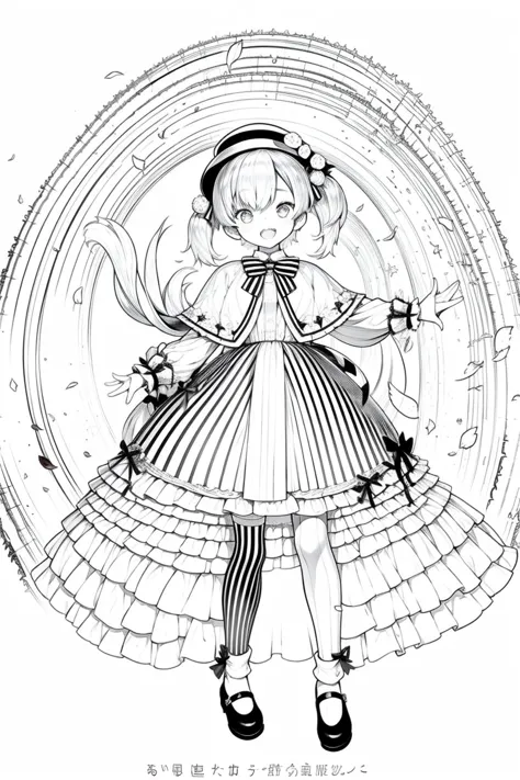 lineart, monochrome,masterpiece, best quality, 1girl, :d, animal,legwear, bow, bowtie, bunny, cape, cherry_blossoms, confetti, gloves, hat, kirima_sharo, looking_at_viewer, mary_janes, monocle, open_mouth, page_number, petals, pinstripe_pattern, shoes, simple_background, smile, striped, striped_bow, striped_legwear, thighhighs, twintails, vertical-striped_legwear, vertical_stripes, watch, white_gloves, <lora:ACapriccio-000007:1>