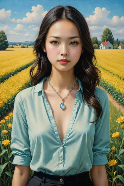 a painting of a woman standing in a field of flowers