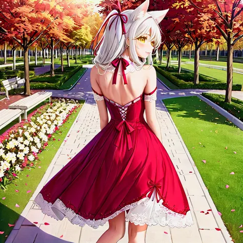 anime girl in red dress walking down a path in a park