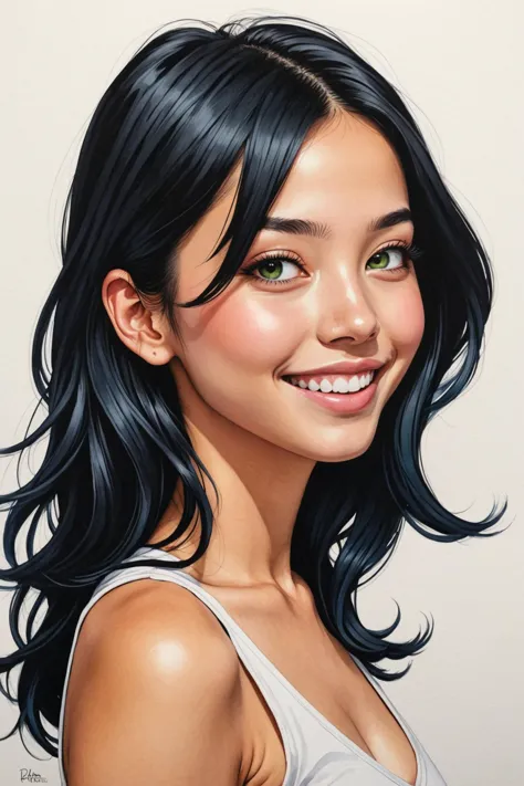 side view of a cute 18yo Costa Rican girl's face and body by Harumi Hironaka and Aaron Jasinski and Duy Huynh, huge smile, v nec...
