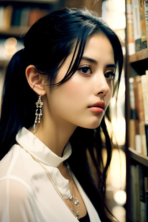 BJ_Pure_Realistic, 1girl, solo, long_hair, black_hair, jewelry, ponytail, earrings, necklace, blurry, black_eyes, lips, realisti...