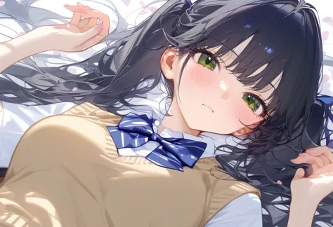 anime girl laying on a bed with her hair blowing in the wind