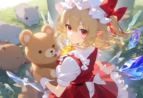 anime girl with a teddy bear in her hand and a bunch of other teddy bears