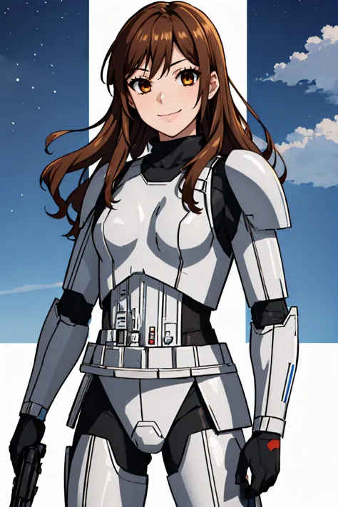 (masterpiece, best quality:1.2), solo, 1girl, hori kyouko, smile, looking at viewer, StormTrooper, armor <lora:kyoukohori-nvwls-v1:0.8> <lora:CONCEPT-StormTrooper:1>