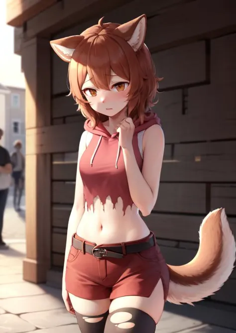 (masterpiece, best quality:1.2), extremely detailed, soft ambient lighting, sharp focus, 4K, BREAK <lora:lili3:0.75>, 1girl, solo, liliruca arde, sleeveless hoodie, red shorts, belt, torn thighhighs, animal ears, tail, upset, BREAK outdoors, medieval city, plaza, public, looking at viewer, BREAK