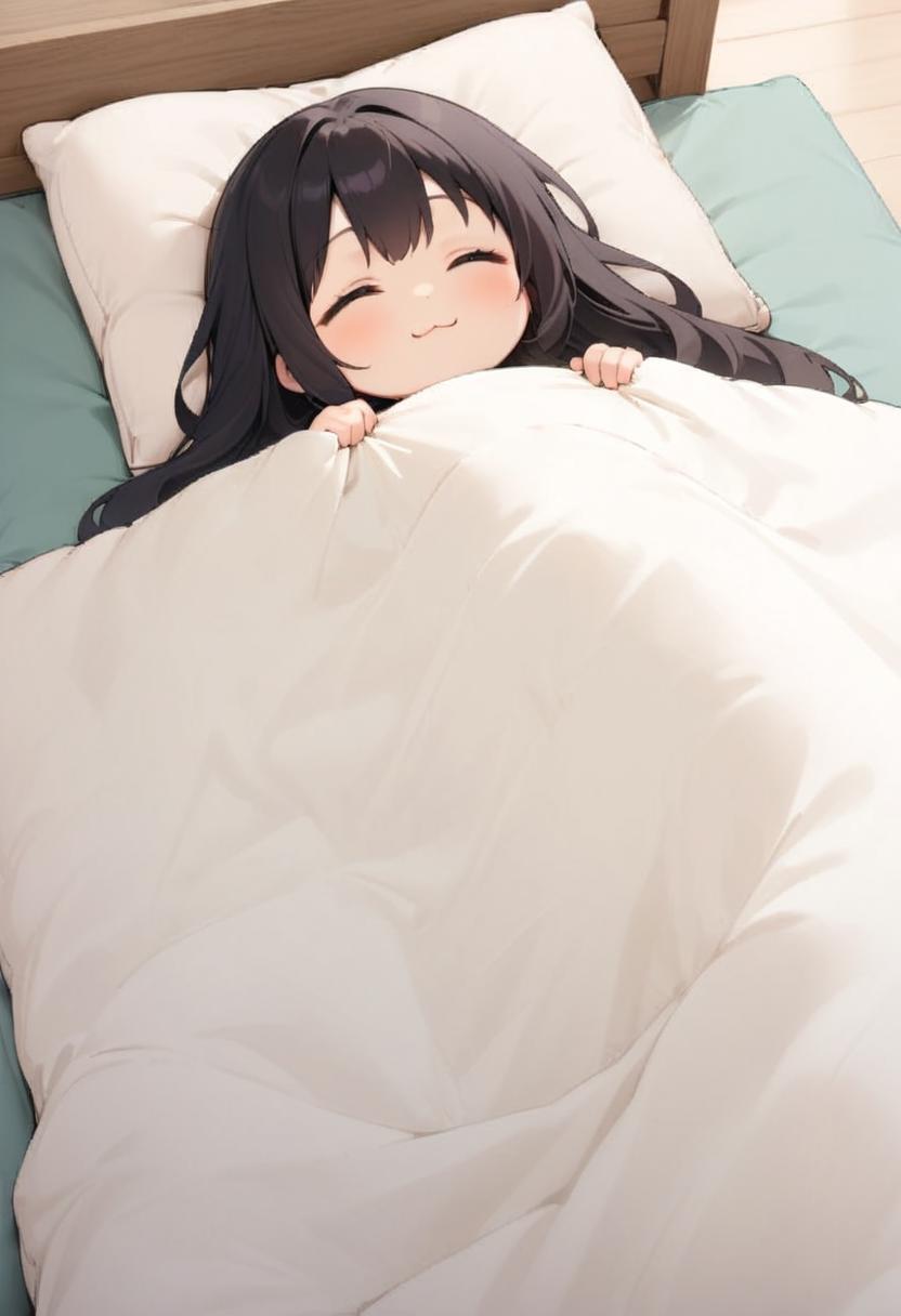 Chica anime acostada en la cama con sábanas blancas y almohadas - SeaArt AI