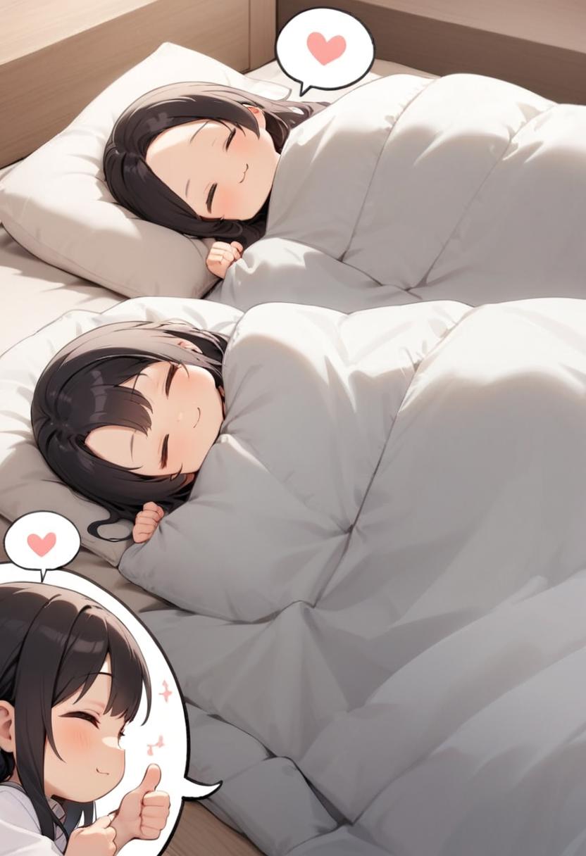 Anime scene of two girls sleeping in bed with pillows and a speech bubble -  SeaArt AI