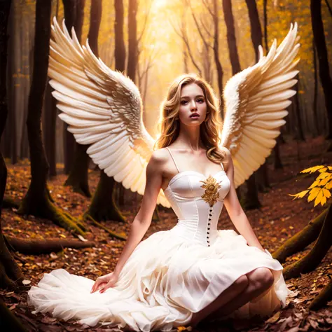 photo (fallenangel style:1) a digital painting of an (attractive:1) golden angel sitting in the middle of a forest wearing a whi...