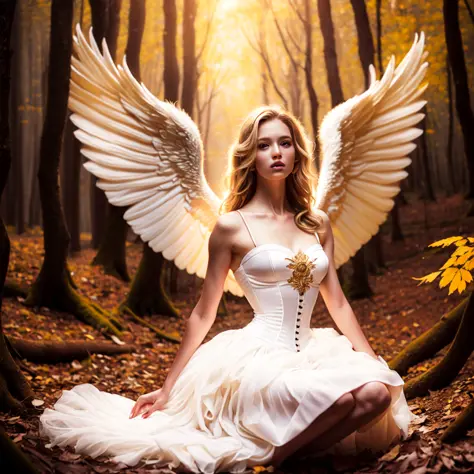 photo (fallenangel style:1) a digital painting of an (attractive:1) golden angel sitting in the middle of a forest wearing a white silk corset and ballerina skirt <lora:djzFallenAngelV21:1>