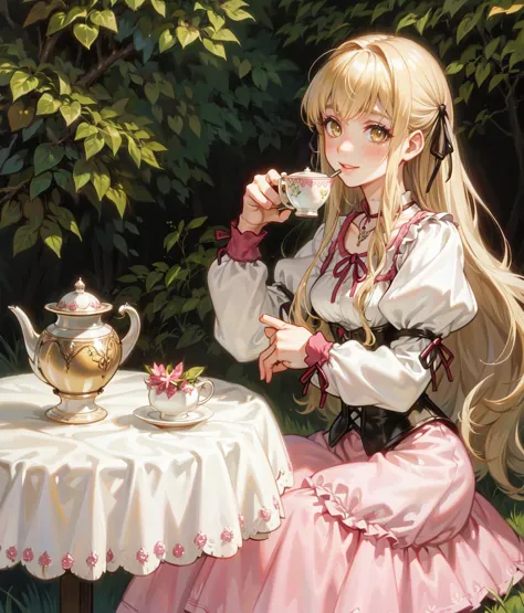 masterpiece, high res, detailed face, detailed eyes, 1 girl, solo, smiling, sitting, drinking tea, table, blonde hair, long hair...