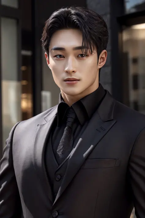 oppav3, (masterpiece, ultra quality, high resolution, 8k, intricate: 1.2), (detailed face:1.2), (wearing black suit:1.5), handsome, detailed skin, pores, absurdres, hunk, 1boy, male focus, ((realistic)), good lighting quality, muscle veins, ((pale skin)), ...