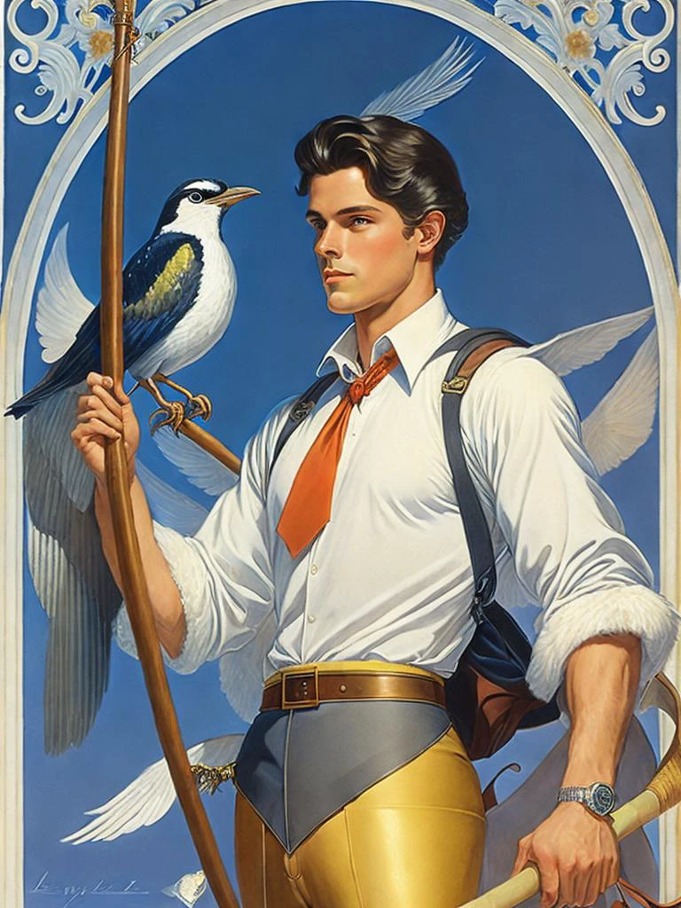 a painting of a man with a bow and arrow in his hand and a bird on his shoulder by J.C. Leyendecker