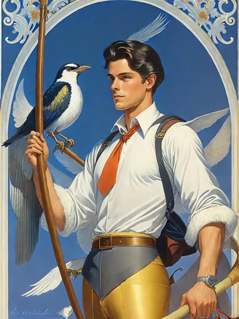 <lora:J.C.Leyendecker:1>a painting of a man with a bow and arrow in his hand and a bird on his shoulder by J.C. Leyendecker