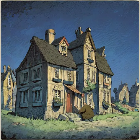 score_9, score_8_up, score_7_up, houses, night, by arnold lobel <lora:lobelforpony:1>