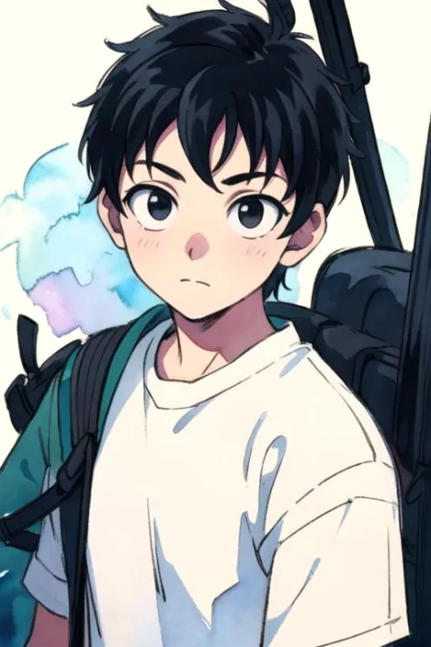 masterpiece, best quality, sketch, 1boy, solo, male focus, looking at viewer, upper body, , (watercolor illustration, soft pastel colors:1.1), , <lora:akira_tendou:0.68>, akira_tendou, black hair, black eyes, wide-eyed, , , war,