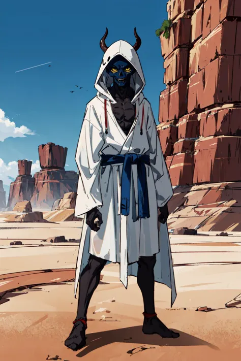 1boy, alien, hooded, long robe, black skin, skull head, yellow eyes,  in a desert, blue sky, (best quality), ((masterpiece)), (detailed),  demon