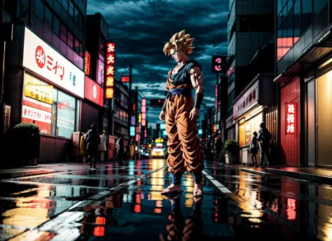 (masterpiece, best quality, highres:1.2), (photorealistic:1.2), (intricate and beautiful:1.2), (detailed light:1.2), (soft lighting, side lighting, reflected light), (colorful, dynamic angle), full body shot, fashion photography,1man,(sangoku-standing-on-road) from Dragon ball Z, electric aura, blonde hair, behind a (out-of-focus-Tokyo-city-at-night), wide angle 