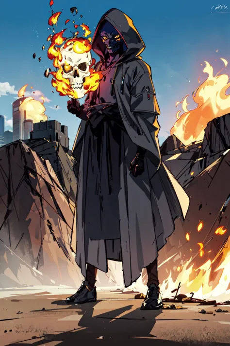 a man in a hoodedie holding a burning skull in front of a mountain