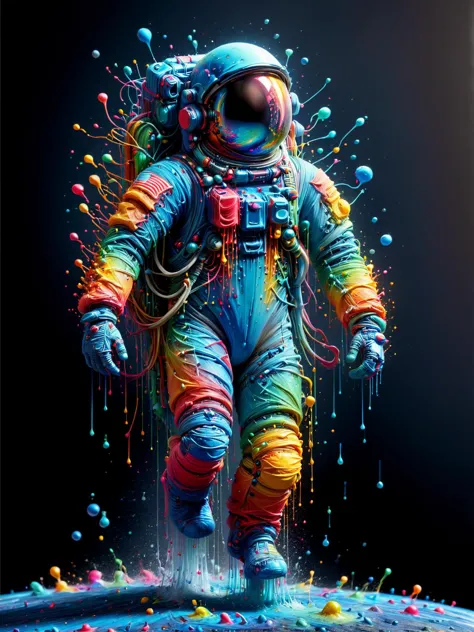 a man in a space suit with a lot of paint on his body