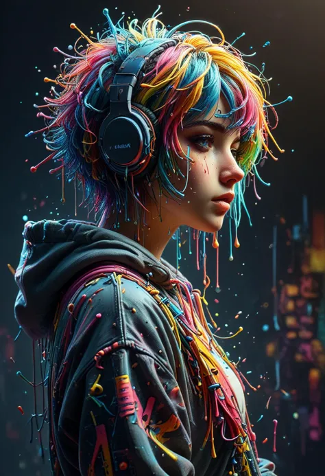 Anime-Artwork im Vaporwave-Stil, Neonpunk, Cyber-DJ-Club, Augmented-Reality-Straßenkünstler, Holo-Hoodie tragen, seitlich und an der Seite, Kopfhörer, kurze Neon-Undercut-Frisur, Neon-Felgenbeleuchtung, 
 mad-thrdpnt, Farbspritzer, bunt . Retro-Ästhetik, cyberpunk, beschwingt, neon Farben, Vintage-Stil der 80er und 90er Jahre, sehr detailliert, . Anime-Stil, Leitbild, beschwingt, Anime-Studio,  sehr detailliert