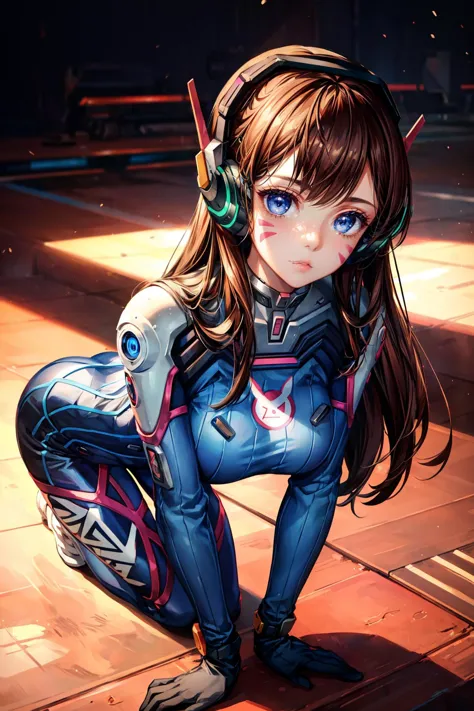 1girl, On all fours pose, <lora:d.va_v1:0.8> aahana, hana, dva, long hair, brown hair, headphones, whisker markings, shoulder pads, blue bodysuit, ribbed bodysuit, animal print, clothes writing, long sleeves, white gloves, ((detailed)), ((best quality)), ((masterpiece)), extremely detailed CG unity 8k wallpaper, 32k, focus sharp, <lora:add_detail:0.8> <lora:lora_perfecteyes_v1_from_v1_160:0.8> photo of perfecteyes eyes, perfecteyes eyes <lora:Light and Shadow:0.5>