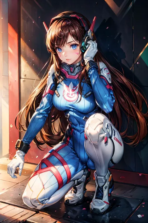 1girl, Squatting pose, <lora:d.va_v1:0.8> aahana, hana, dva, long hair, brown hair, headphones, whisker markings, shoulder pads, blue bodysuit, ribbed bodysuit, animal print, clothes writing, long sleeves, white gloves, ((detailed)), ((best quality)), ((masterpiece)), extremely detailed CG unity 8k wallpaper, 32k, focus sharp, <lora:add_detail:0.8> <lora:lora_perfecteyes_v1_from_v1_160:0.8> photo of perfecteyes eyes, perfecteyes eyes <lora:Light and Shadow:0.5>