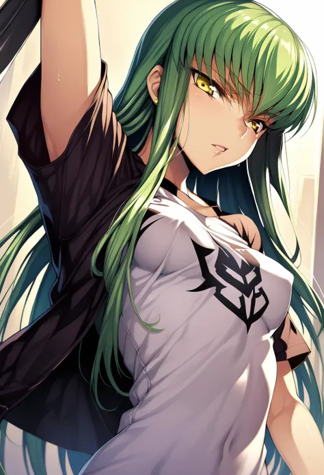 anime girl with green hair and black shirt holding a sword