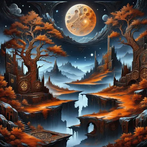 a painting of a fantasy landscape with a moon and a river