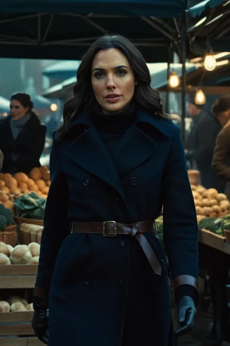 a woman in a black coat and gloves standing in front of a market