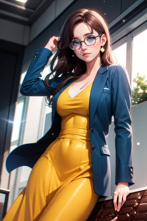 (realistic:1.2), (masterpiece, best quality, ultra-detailed), (beautiful detailed face, beautiful detailed eyes, volumetric lighting),
1girl, solo, (dutch angle:1.3),
(chocolate hair, ice blue eyes:1.4), large breasts, long hair hair,
(yellow prom dress, grey-blue suit jacket:1.2), glasses,
mksks style, (beautiful detailed fjord, afternoon:1.2), (light particles, lens flare, chromatic aberration:1.3),