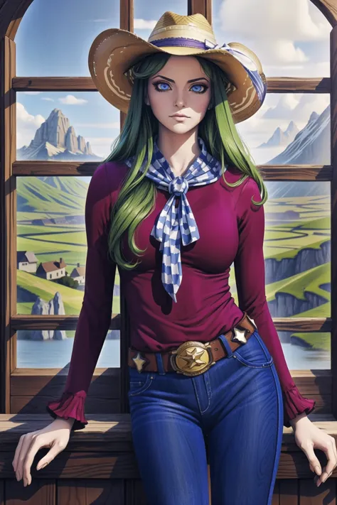 masterpiece, ((best quality)), ((highly detailed)),((detailed eyes, deep eyes:1.6)), (1girl:1.4), ((big breasts tiny waist:1.6)), ((c.c.)), (expressionless, cowboy shot:1.4), code geass, geass, green hair, orange eyes, (Cowboy hat, checkered shirt, blue jeans, cowboy boots, leather belt, bandana:1.4), mksks style, beautiful background, outdoors, landscape with form, art germ style, 