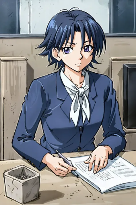 anime character sitting at a desk writing a book