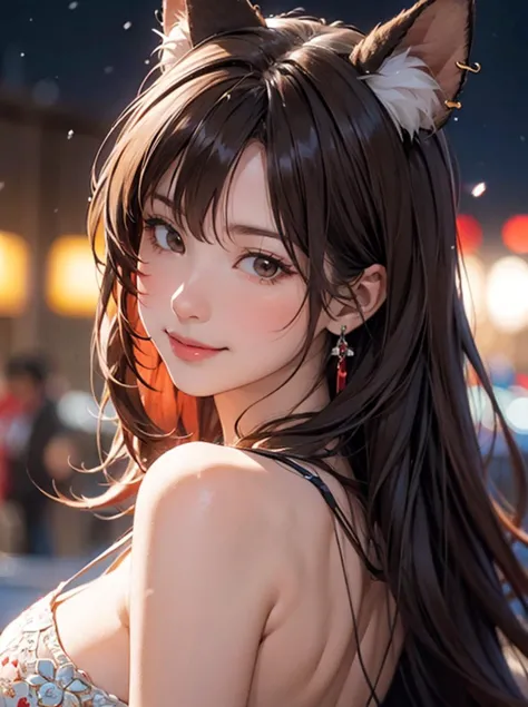 a woman with long hair wearing a cat ears and a dress