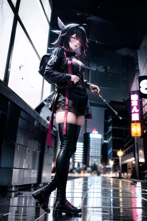 anime girl in black outfit holding a sword in a city