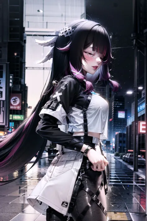 anime girl with long hair and black and white outfit walking down the street