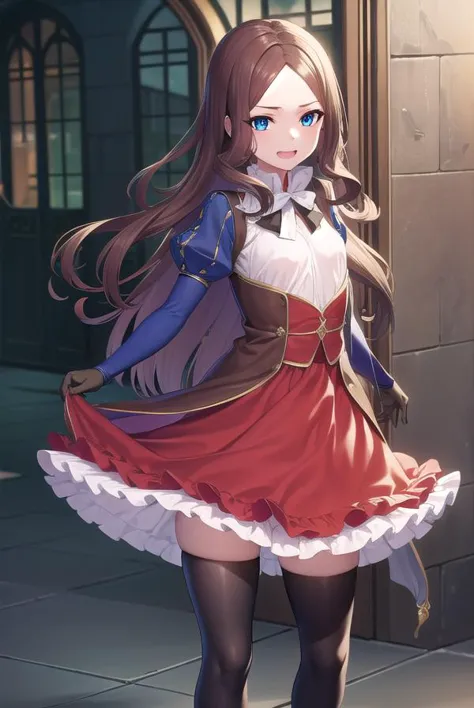 leonardodavinci, leonardo da vinci rider, blue eyes, brown hair, long hair, parted bangs, (small breasts:1.2), smile, open mouth,
BREAK black footwear, brown jacket, elbow gloves, gloves, jacket, loafers, metal gloves, pantyhose, red skirt, shoes, skirt, puffy sleeves, thighhighs, blue thighhighs,
BREAK looking at viewer, full body, upper body,
BREAK indoors,
BREAK (masterpiece:1.2), best quality, high resolution, unity 8k wallpaper, (illustration:0.8), (beautiful detailed eyes:1.6), extremely detailed face, perfect lighting, extremely detailed CG, (perfect hands, perfect anatomy),