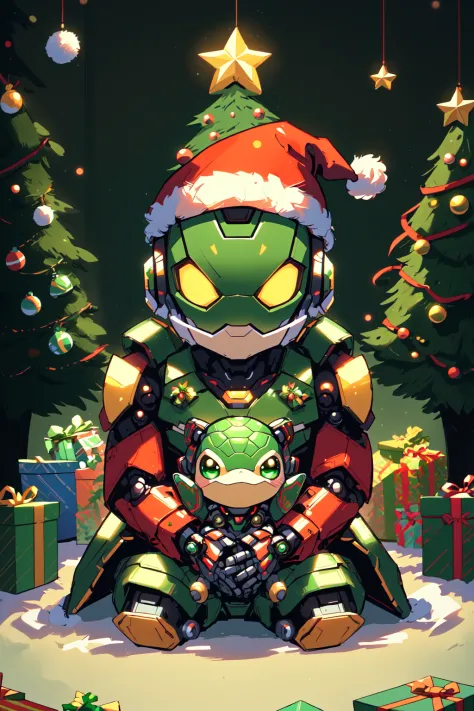 SantaTurtleOverlord, Cute turtle overlord AI robot, santa, red santa outfit, santa hat, christmas, santa clothes, christmas deco...