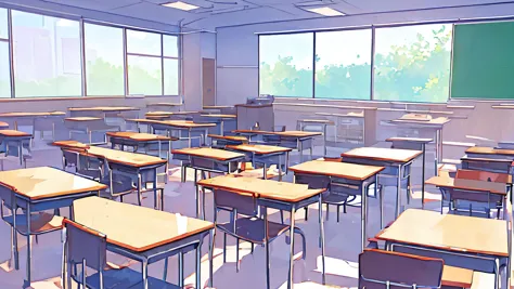 there are many desks in this classroom with a green board