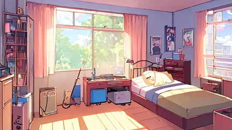 niji_vn_bg, no humans, <lora:niji_vn_bg:1>, room, department, anime room, city, room boy, rock poster, music instruments, morning, personal bed, windows, sunny morning, detailed, beautifull, visual novel,