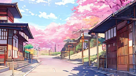 anime scenery of a street with a cherry tree in the background