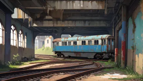 <lora:niji_vn_bg:1>, niji_vn_bg, no humans,
Oil painting of an abandoned and neglected train in an old abandoned subway