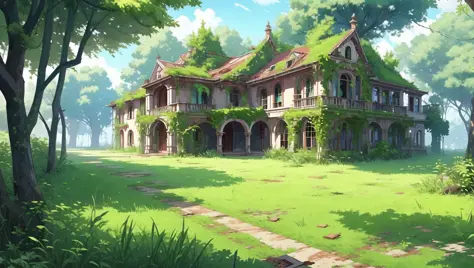 <lora:niji_vn_bg:1>, niji_vn_bg, no humans,
mansion with vines and plants. abandoned. grass. trees. Dnd art style