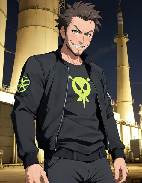 a close up of a person in a black jacket and a green skull on a shirt