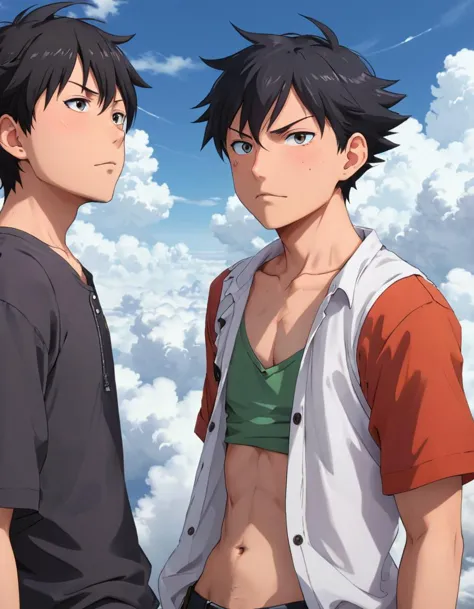 two anime guys standing next to each other in the sky