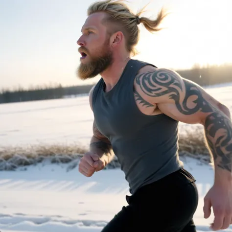 arafed man running in the snow with a beard and a tattoo